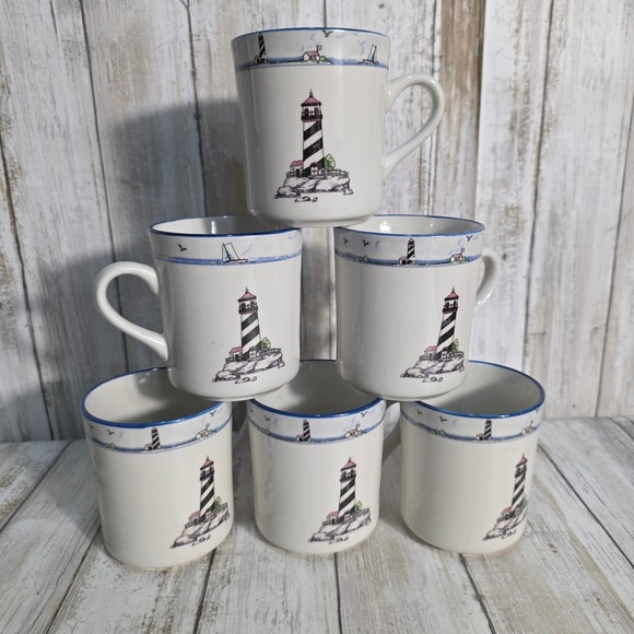Mainstays Other - Mainstays Home Lighthouse Coffee Mugs Set of 6 Nautical Coastal Stoneware Cream